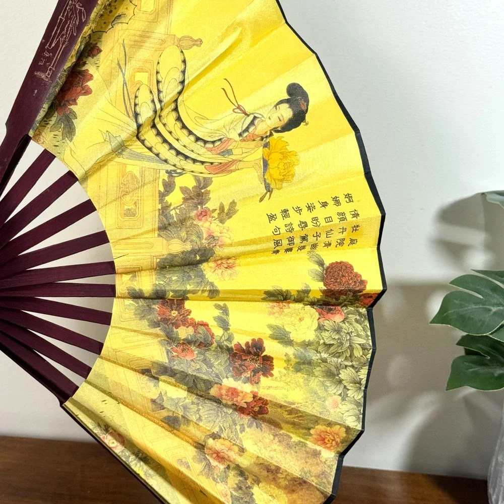 Vintage Asian Folding Hand Fan Geisha Lady Floral Silk Bamboo Wall Decor 9